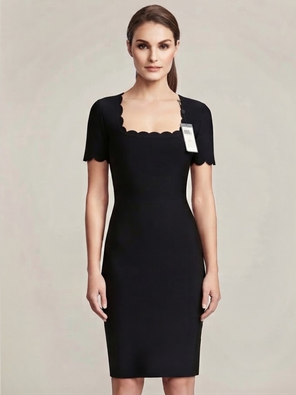 NWT BCBGMaxazria Black Scalloped Square Neck Bandage Dress XS Cocktail Party